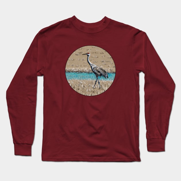 Sandhill Crane color ink drawing Long Sleeve T-Shirt by tsd-fashion